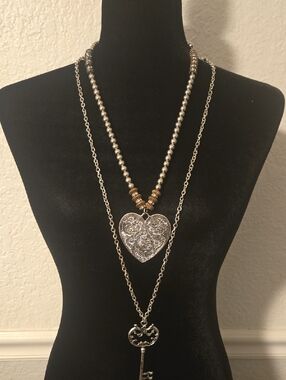 Two Necklaces Silver Heart & Key